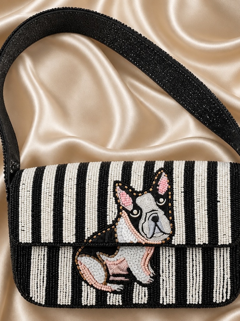 Beaded Black & White Striped Bag with French Bulldog Applique